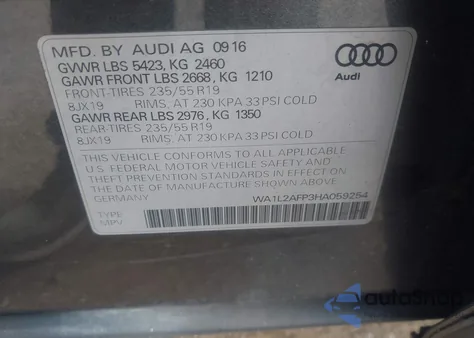 2017 Audi Q5 2.0T Premium из США, поврежденный, VIN WA1L2AFP3HA059254